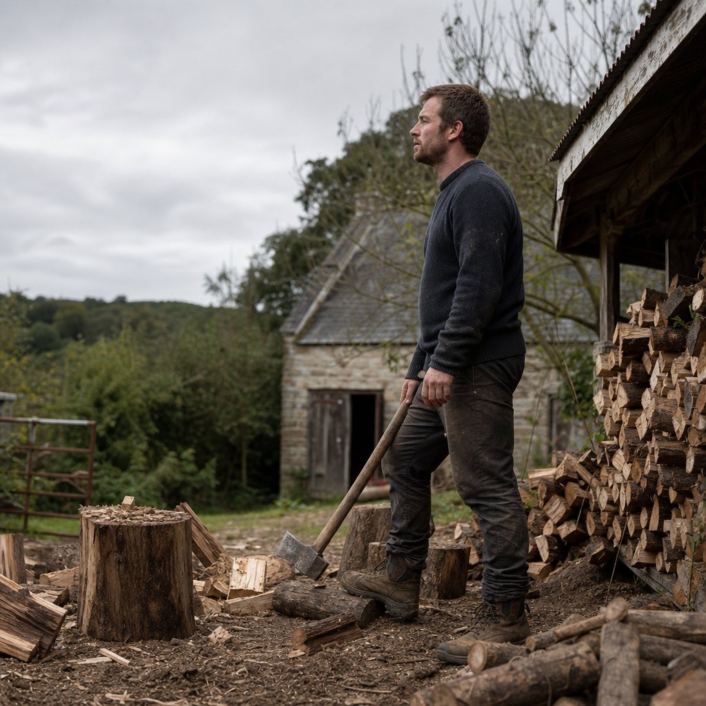 A man pausing beside a woodpile outside a barn