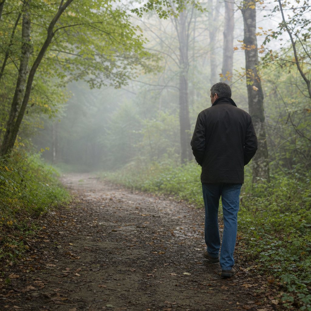 A man walking along a wooded trail