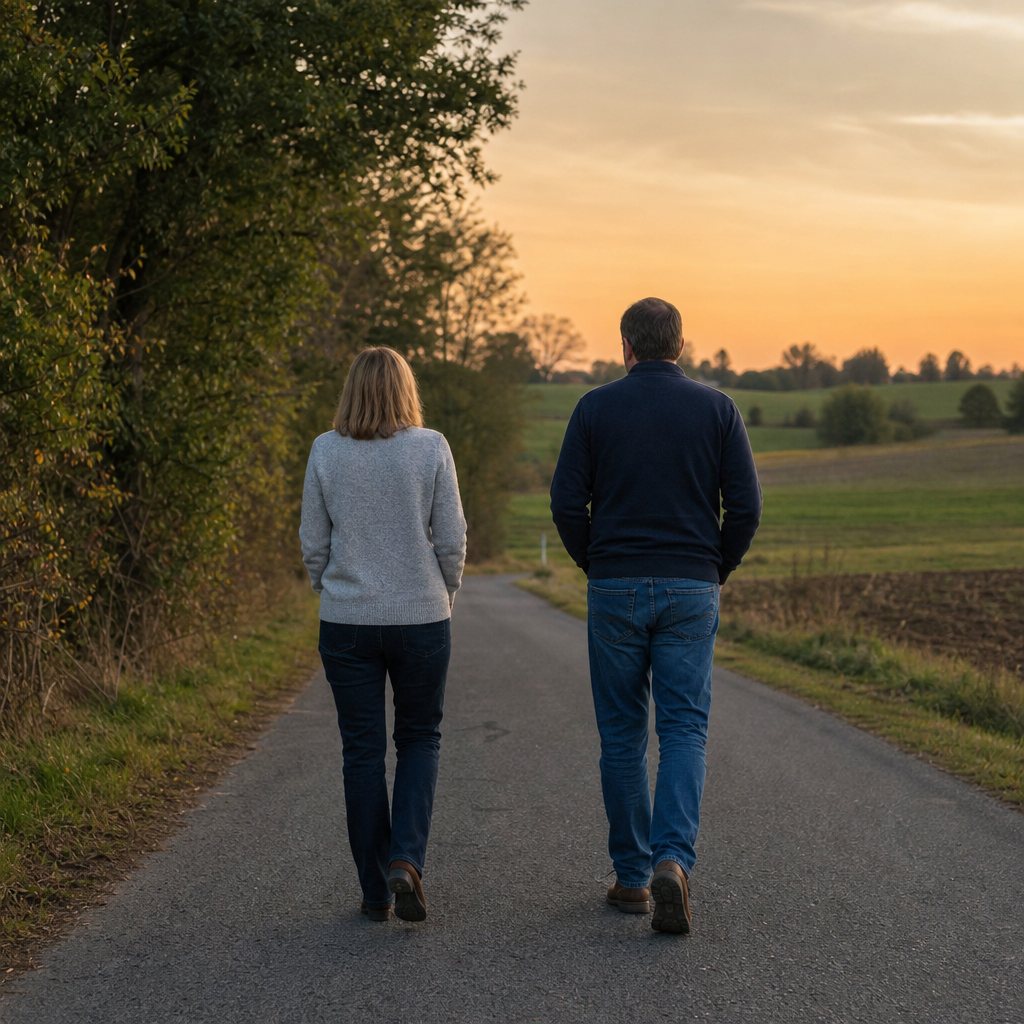 A couple walking along a country road