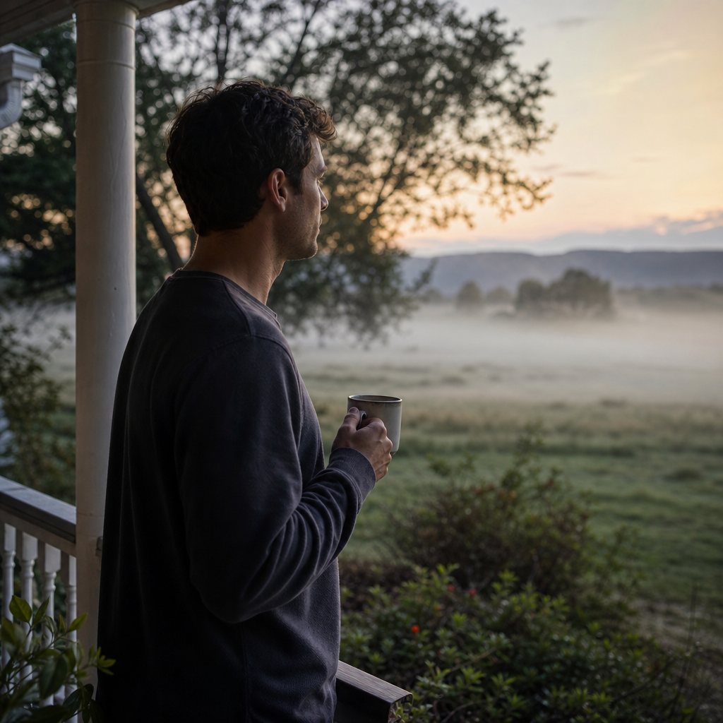 A man holding a mug on a porch overlooking a misty field