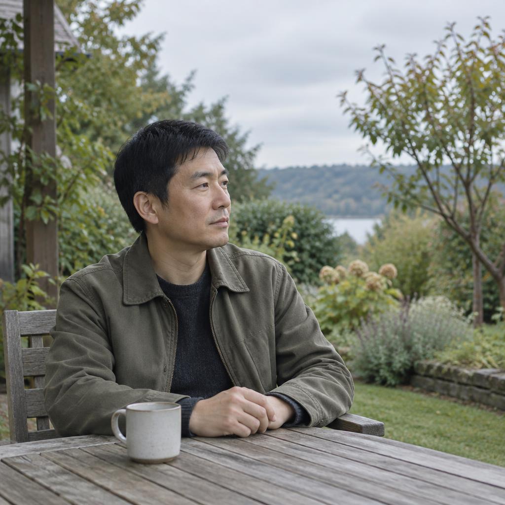 A man with a mug at a patio table looking toward a garden