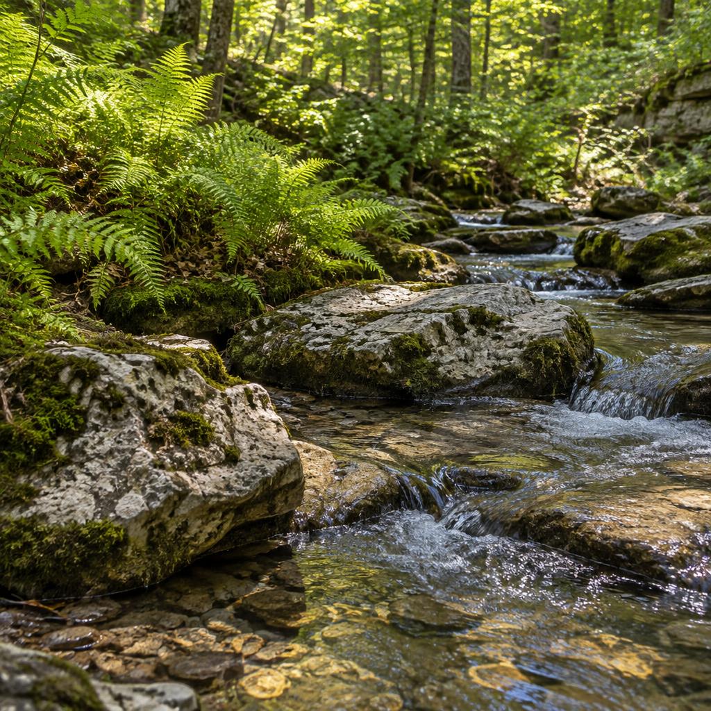 Sunlight on limestone rocks and ferns beside a shallow woodland stream