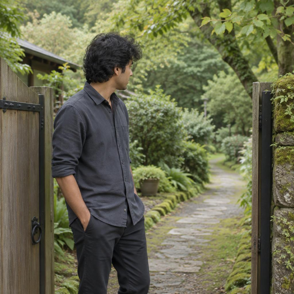 A man beside a garden gate looking down a leafy path
