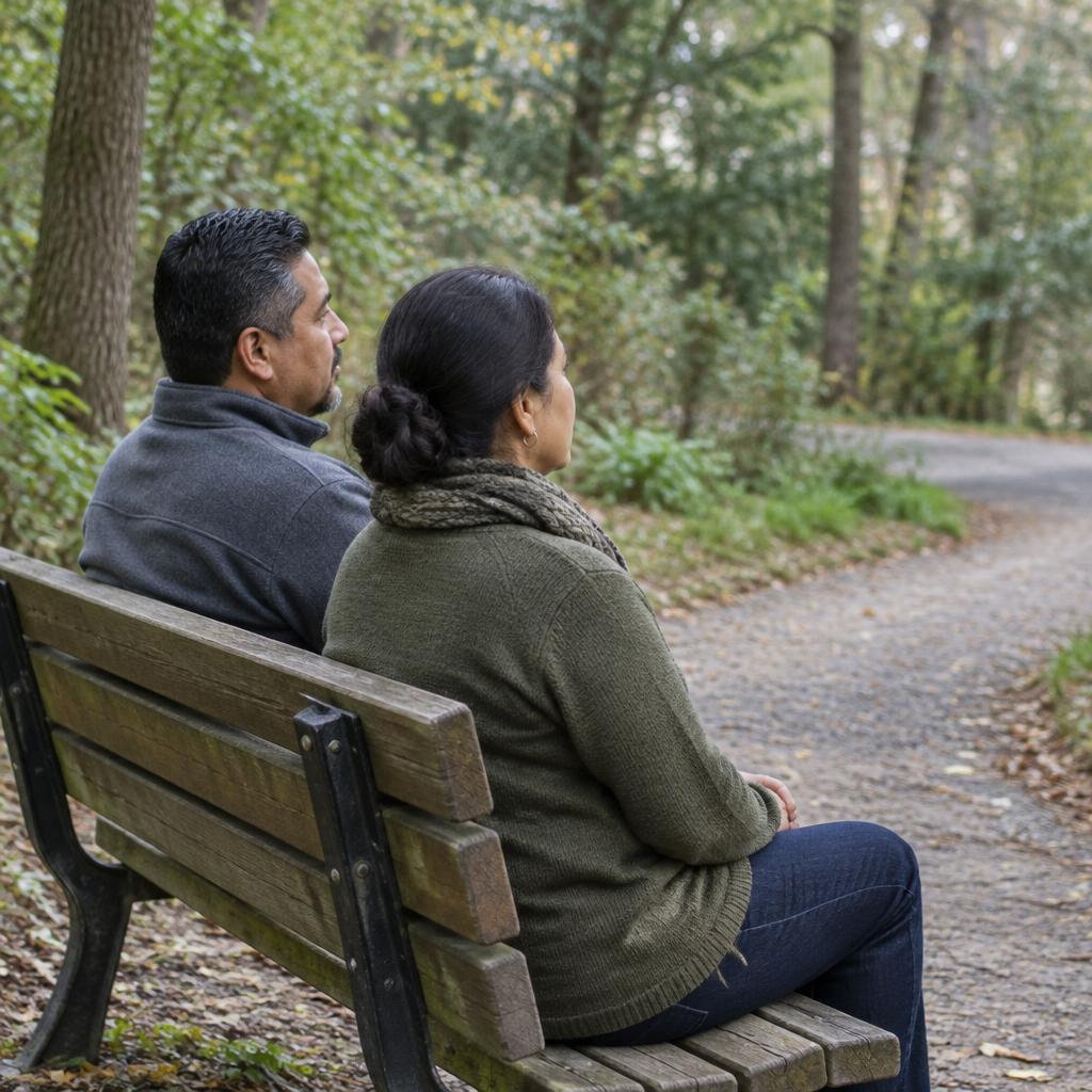 Two adults seated together on a bench beside a wooded path