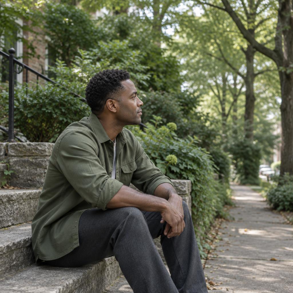 A man seated on stone steps looking along a leafy path