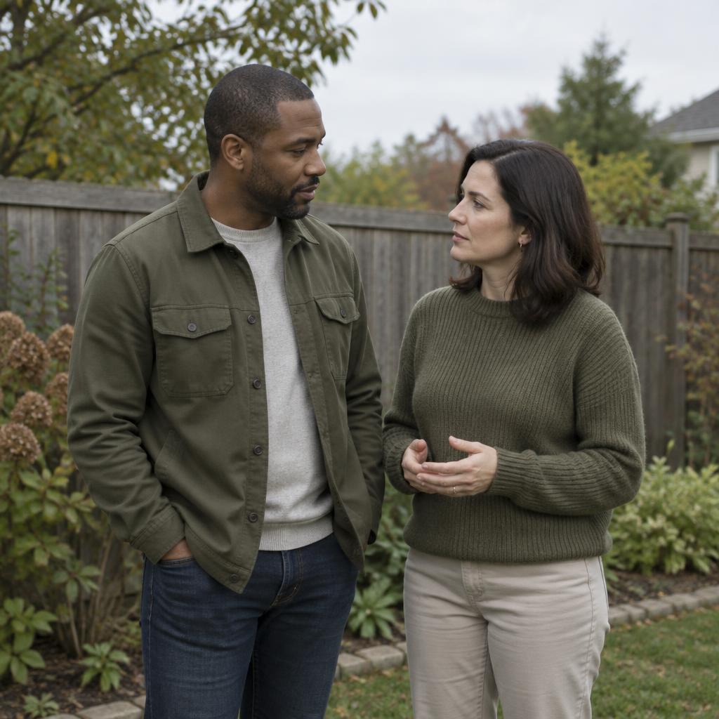 Two adults talking beside a backyard fence
