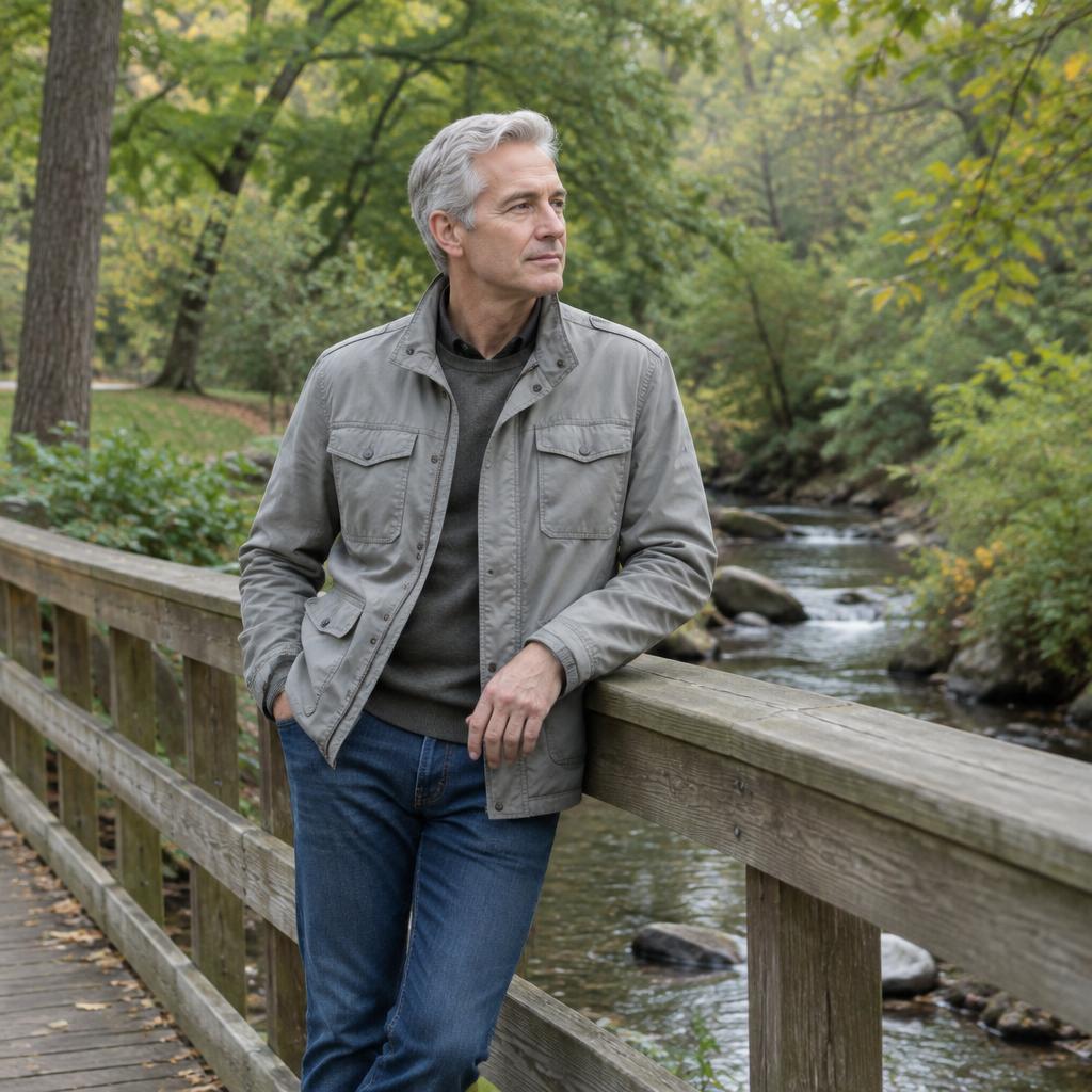 A silver-haired man resting beside a creek on a wooden bridge
